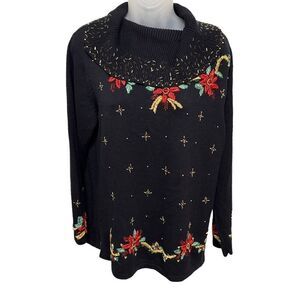 Kikit Holiday Sweater Womens Size Large Beaded & Embroidered Poinsettia Black